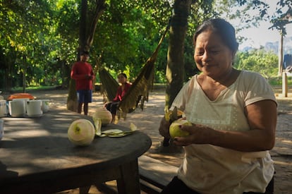 Benita Vargas pela un pomelo fuera de su casa en San Miguel del Bala. Generalmente reside en Rurrenabaque, donde hay mejor acceso a médicos.