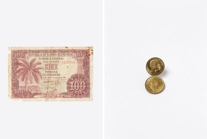 En la imagen de la izquierda, billete de 100 pesetas guineanas emitido en el primer aniversario de la independencia de Guinea Ecuatorial. Colección OQNVCQNS. A la derecha, peseta española de 1975 y ekuele guineano de 1980.