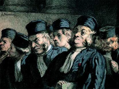 <i>Abogados y jueces, antes de la audiencia</i> (hacia 1862), de Honoré Daumier.