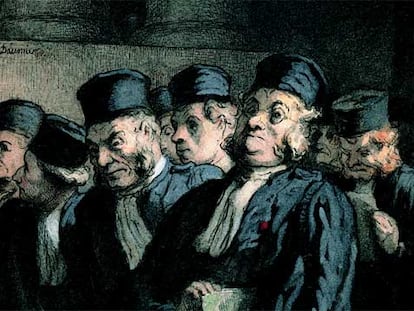 <i>Abogados y jueces, antes de la audiencia</i> (hacia 1862), de Honoré Daumier.