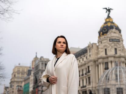 Svetlana Tijanóvskaya, líder opositora bielorrusa, fotografiada este lunes en Madrid.