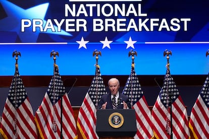 President Joe Biden speaks at the National Prayer Breakfast, Feb. 3, 2022, on Capitol Hill in Washington.