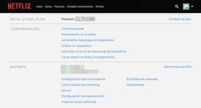 Opciones dentro de la cuenta de Netflix.