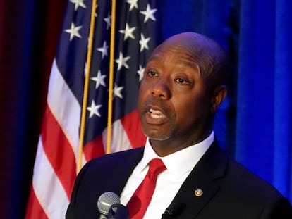 Senator Tim Scott gives a speech at a Black History Month dinner hosted by the Charleston County GOP on February 16, 2023, in Charleston, South Carolina.