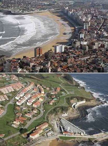 Playa de San Lorenzo (Gijón), donde se están "maquillando" las fachadas de los edificios más altos para que sean menos agresivos. Más abajo, urbanización y hormigón para el futuro puerto deportivo de Luanco.