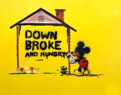 En el óleo sobre lienzo 'Down, Broke and Hungry', del artista estadounidense Geoffrey Gersten, presenta a un Mickey pintor dentro de una atmósfera emotiva.