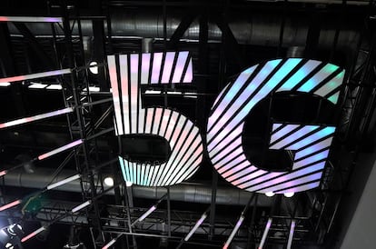 A 5G logo at the 2020 China International Fair for Trade in Services in Beijing.