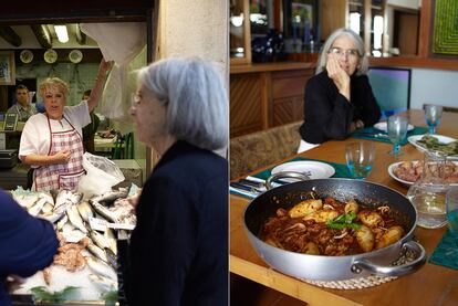 La escritora Donna Leon y la cocinera Roberta Pianaro (a la izquierda), hacen la compra en Venecia. A la derecha, los manjares preparados.