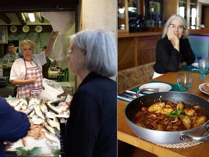 La escritora Donna Leon y la cocinera Roberta Pianaro (a la izquierda), hacen la compra en Venecia. A la derecha, los manjares preparados.