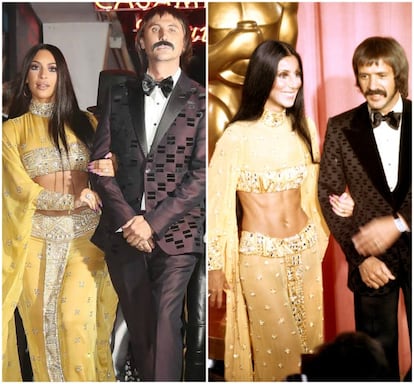 Kim Kardashian se inpiró en otro dúo musical para un segundo disfraz. Junto a su amigo Jonathan Cheban, ambos acudieron disfrazados a la fiesta de la marca de tequila Casamigos como Cher y Sonny Bono en la gala de los Oscar de 1973.