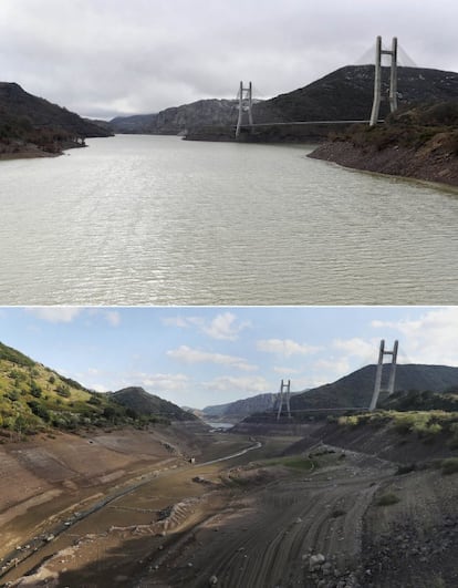 Estado del embalse de Barrios de Luna, al 60% de agua embalsada en la foto superior tomada el 13 de marzo de 2018 y al 7% de su capacidad en la foto inferior tomada el 31 de agosto de 2017.