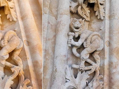 A la izquierda, el diablo de la catedral de Salamanca tras perder una pata. A la derecha, en su forma original.