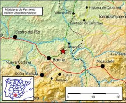 Punto en el que el Instituto Geogr&aacute;fico Nacional sit&uacute;a el temblor de C&oacute;rdoba.