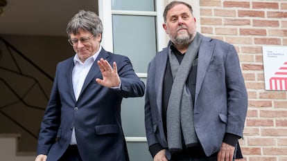 El presidente de Junts, Carles Puigdemont, y el de ERC, Oriol Junqueras, el pasado jueves en Waterloo (Bélgica).