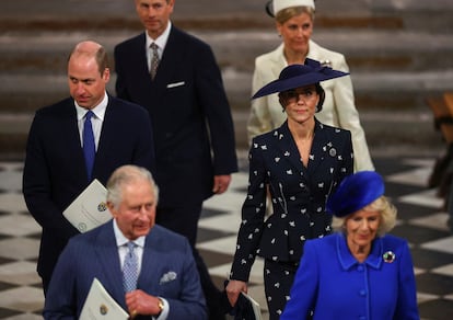 Los reyes Carlos y Camila; Guillermo y Kate, príncipes de Gales; y Eduardo y Sofía, duques de Edimburgo, en el servicio religioso por el día de la Commonwealth celebrado en la abadía de Westminster de Londres el 13 de marzo de 2023.