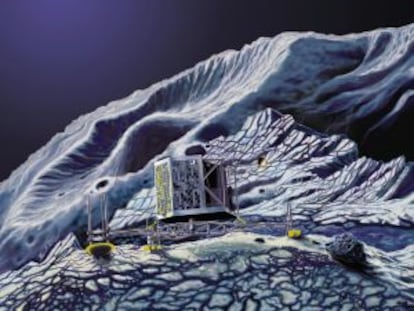 Ilustración de la nave 'Rosetta' en órbita del cometa y la sonda 'Philae' en el suelo.