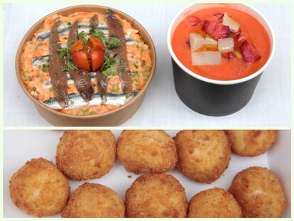 Gazpacho de fresones con arenques del Báltico y ensaladilla (arriba) y croquetas de bacalao y puerros de Caprichos Compartidos (abajo).