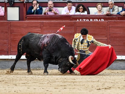 Álvaro Lorenzo, en un muletazo por bajo al tercero de la tarde.