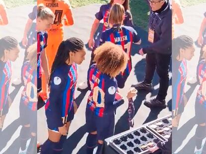 Las jugadoras del Barcelona femenino recogen sus medallas tras ganar la Supercopa.