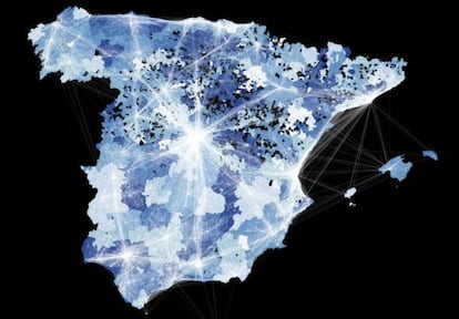 Mapa de flujo de movilidad de entre municipios basado en los viajes de los usuarios de Twitter.