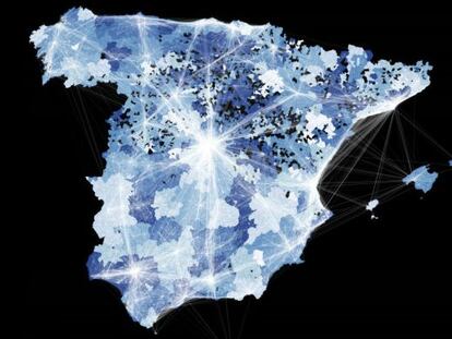 Mapa de flujo de movilidad de entre municipios basado en los viajes de los usuarios de Twitter.