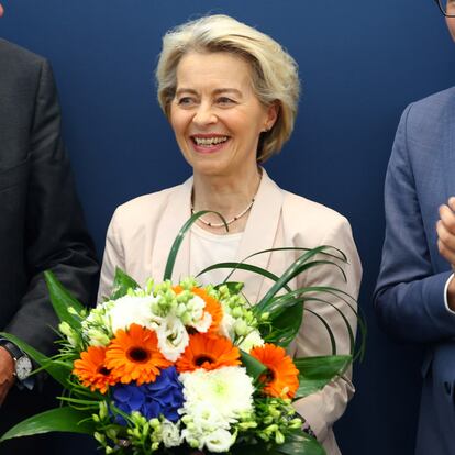 European Commission President Ursula von der Leyen and Christian Democratic Union (CDU) party leader Friedrich Merz attend a party leadership meeting after the EU elections, in Berlin, Germany, June 10, 2024. REUTERS/Nadja Wohlleben