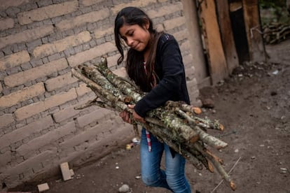 Una niña carga leña para utilizarla en su casa en Juvinani. Por la “creciente precariedad” de estos pueblos, añade Barrera, “la ritualidad ancestral indígena de entrega de las doncellas por dote desde su primera menstruación se ha ido perdiendo y ahora se mercantiliza a las niñas”.