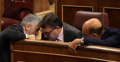 El ministro del Interior, Fernando Grande-Marlaska (i), conversa con el diputado del PNV Aitor Esteban (c) en el Congreso.