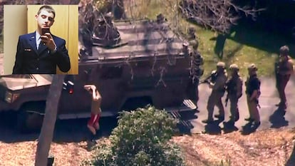 This aerial footage courtesy of WBZ via CBS shows the suspect national guardsman Jack Teixeira taking into custody by FBI agents in a forested area in North Dighton, in Massachusetts.