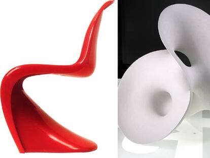 A la izquierda, silla 'Pantom' (1959-1962), diseñada por Vitra. A la derecha, escultura en gres de Eva Hild.