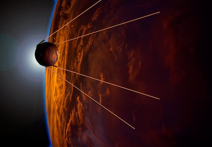Recreación del 'Sputnik 1' en órbita sobre la Tierra.