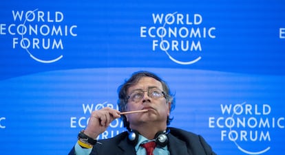 El presidente Gustavo Petro durante una charla en Davos (Suiza), este miércoles.