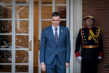 El presidente del gobierno, Pedro Sánchez, este miércoles en el Complejo de la Moncloa.