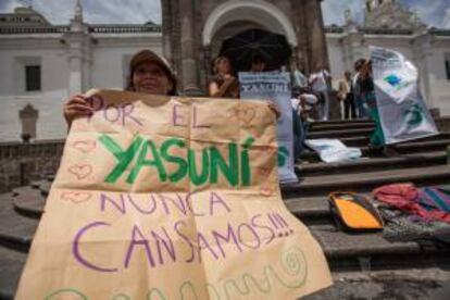 Representantes del colectivo Yasunidos y adeptos a su causa fueron registrados este viernes, durante una ceremonia ecuménica por el Yasuní y la naturaleza, en la plaza de la Independencia de Quito (Ecuador).