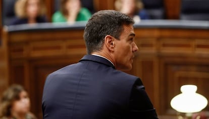 El presidente Pedro Sánchez durante su intervención hoy en la sesión de control al Gobierno en el Congreso.