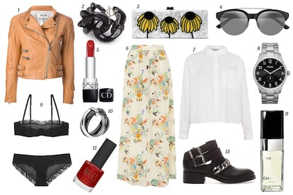 1. Acne Perfecto de piel. 2. Mango Pulsera de eslabones de plástico. 3. Edie Parker Clutch rígido con flores. 4. Gucci Gafas de sol con montura de pasta y metal. 5. Dior Barra de labios “Rouge Dior”. 6. Paul & Joe Falda larga con print de flores. 7. Pull & Bear Camisa oversize con bolsillo. 8. Fossil Reloj de acero con esfera negra. 9. Etam Conjunto de lencería de gasa y encaje. 10. Emporio Armani Anillo bicolor. 11. Chanel Eau de toilettes “Cristalle”. 12. Topshop Laca de uñas “Bittersweet”. 13. Zara Botín biker con trabillas y cadena.