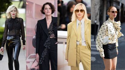 De izquierda a derecha: Keni Silva, Phoebe Waller-Bridge, Emmanuelle Beart y una invitada al último desfile de Patou en París. 