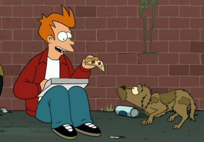 Fry shares pizza with his dog, 'Seymour', in 'Futurama'.