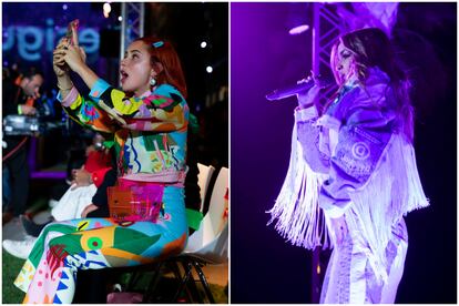 La artista Miranda Makaroff y la gran revelación de la música urbana, Alessha, durante su actuación en el ‘show’ de Desigual. Foto: Álvaro Valdecantos /Andrés Solla.