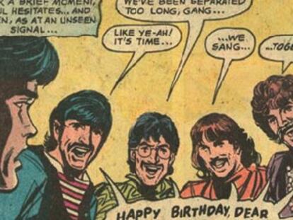 Los Beatles, en una viñeta de <i>Batman 222: Dead...</i> Till Proven Alive! <b>(junio 1970),</b> con guión de Frank Robbins y dibujos de Irv Novick & Dick Giordano (National Periodical Publications).