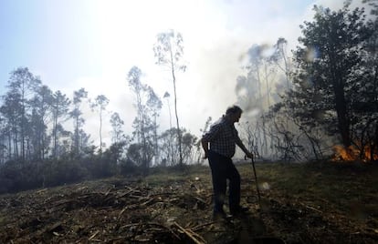 Un hombre camina en la localidad de A Capella, cerca del incendio
