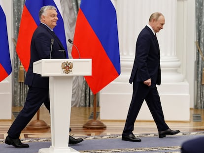 Viktor Orbán y Vladímir Putin, este viernes en Moscú.