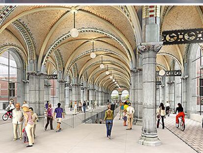 Dos imágenes (virtual arriba y real abajo) del controvertido pasaje que acogerá a peatones y ciclistas en el proyecto ideado por Ortiz y Cruz para la reforma del Rijksmuseum.