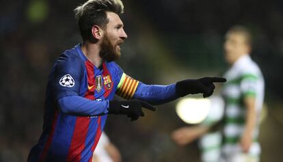 Messi celebra uno de sus dos goles al Celtic.