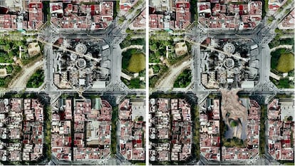 Vista cenital de la Sagrada Familia actualmente, con el bloque de vecinos enfrente, a la izquierda y, a la derecha, con el espacio ocupado por la rampa de acceso que proponen los arquitectos en su trabajo.