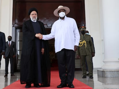 Iranian President Ebrahim Raisi meets with Ugandan President Yoweri Museveni during his official visit at the State House in Entebbe, Uganda, on July 12, 2023.