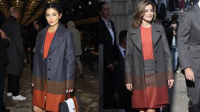 Kylie Jenner en el desfile de Hugo Boss en febrero y, a la derecha, la reina Letizia en Oporto el 29 de noviembre.