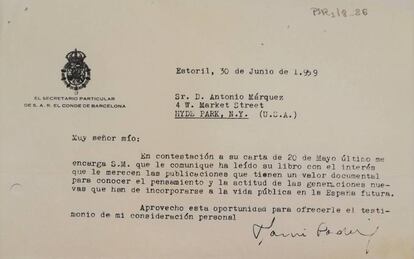 Carta que envió en 1959 el secretario personal de don Juan de Borbón a Antonio Márquez a propósito de su libro.