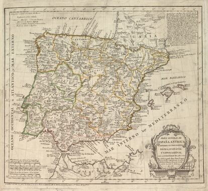 Mapa de España Antigua dividido en tres partes: Bética, Lusitania y Tarraconense, del geógrafo Juan López, de 1786.