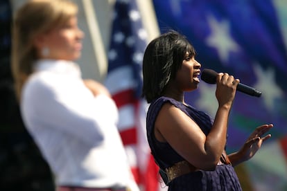 Jennifer Hudson en una convención del partido antes de que Obama fuera elegido presidente.